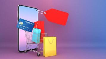 Many Paper boxes and price tag and credit card in a shopping cart appeared from smartphones screen., shopping online or shopaholic concept, 3D rendering. photo