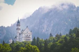 vista frontal del castillo de neuschwanstein en el paisaje de verano cerca de munich en baviera, alemania foto