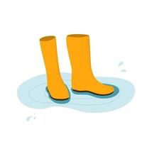 Rainboots in a puddle vector flat illustration. Yellow rubber footwear standing in pool. Autumn season design element for web, advertising, print, banner, poster.