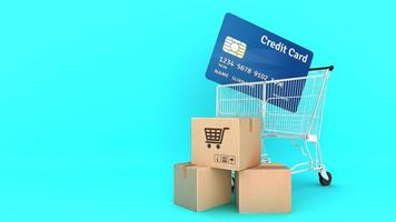 Many Paper boxes and credit card in a shopping cart with green background., shopping online or shopaholic concept, 3D rendering. photo