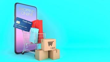 Many Paper boxes and Colourful paper shopping bags and credit card in a shopping cart appeared from smartphones screen., shopping online or shopaholic concept, 3D rendering. photo