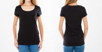 cropped portrait set woman in black t shirt isolation on white background, blank,mock up photo