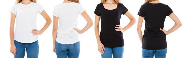 cropped image front and back views teen woman in white and black t-shirt isolated, set girl in tshirt,two women photo