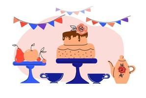 Afternoon tea set with cakes, coffee house icons of desserts. vector
