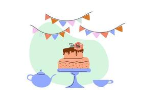 Afternoon tea set with cakes, doodle sketch hand drawn vector design.