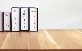 Books with words DEI, diversity, equity, inclusion on wood table with white background. photo