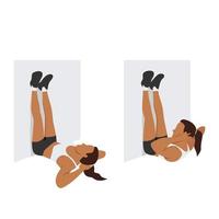 Woman doing Legs up the wall crunch exercise. Flat vector illustration isolated on white background