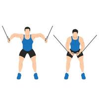 Man doing Standing cable crossover. cable flies exercise. Flat vector illustration isolated on white background. Workout character