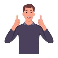 Young smiling man cartoon character shows gesture cool with two thumbs up . Flat vector illustration isolated on white background
