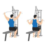 hombre haciendo detrás del cuello lat pulldown ilustración vectorial plana aislado sobre fondo blanco vector