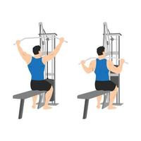 hombre haciendo sentado amplio grup lat pulldown plano vector ilustración aislado sobre fondo blanco