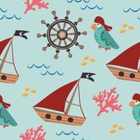 Seamless pattern of a pirate ship with red sails and steering wheel vector