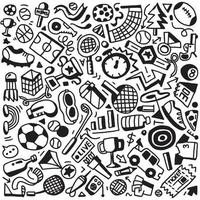 Hand drawn doodle sport background. Vector cartoon pattern with sport icons, cycling, volleyball, soccer, basketball, golf, tennis, baseball.
