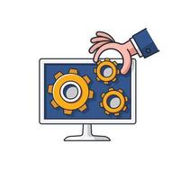 Collection colored thin icon of hand put a gear to computer display system, setting ,business and technology concept vector illustration.