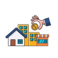 Collection colored thin icon of building property and money coin in hand, real estate investment, business and finance concept vector illustration.