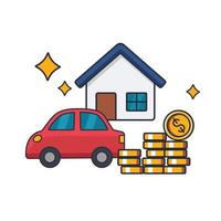 Collection colored thin icon of property, house, money coins, car , business and finance concept vector illustration.