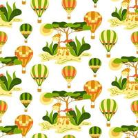 Childish seamless pattern with hot air balloons, giraffe and savanna on a white background. Vector kids texture with cute giraffe and hot air balloon. Animal seamless pattern. Wildlife animals.