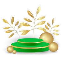 Realistic mockup with green podium 3d and golden elements on white background. Realistic pedestal. Stand display cosmetic product 3d background. Abstract studio room platform. vector