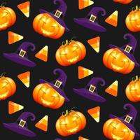 Abstract pattern with seamless pattern Halloween pumpkins fnd candy on dark background.Seamless pattern Halloween pumpkins. Design wrapping paper, wallpaper. Cartoon style. vector