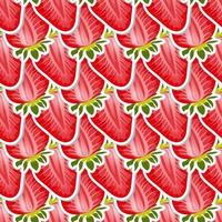 Beautiful seamless pattern of strawberry pieces. Vector berry background. Red background. Organic ripe strawberries.