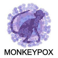 Monkeypox virus cell with monkey silhouette and text on white background. Virus disease concept. Microbiological background. Vector illustration.