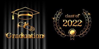 Graduation poster or flyer design with student cap and diploma. Black and gold. Vector template for graduation invitation, party or greeting card.