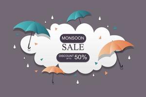 Monsoon sale background with paper style. vector