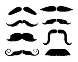 Mustache set vector icon. Simple black silhouette of hipster hand drawn mustaches on white