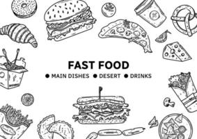 Fast food vector set illustration. Junk food in doodle style. Hand drawn collection of fast food