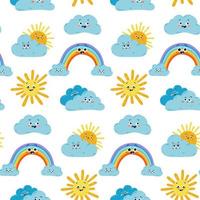 Vector samless pattern with cute smiling Sun, rainbow and clouds. Good weather hand drawn background for kids fashion, nursery, baby shower