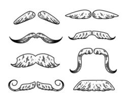 Mustache set vector icon in doodle style. Simple black illustration of hipster hand drawn mustaches on white
