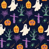 Seamless pattern of cute halloween ghosts and pumpkins on blue background. Vector happy halloween background