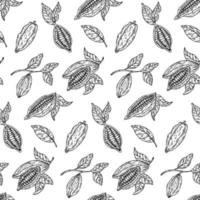 Cocoa branch vector seamless pattern. Chocolate design hand drawn background on white background in sketch style