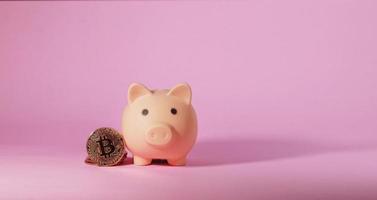 Metal bitcoin and piggy bank. Business and Finance concept.. photo