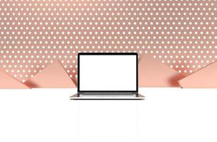 Modern laptop  isolated on rose gold background. 3D Illustration. photo