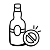 botella con señal de prohibición, icono de garabato sin vino vector
