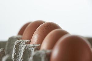 Eggs close up in protective container on white background. Foreground and background in blur. Focus in the center. photo