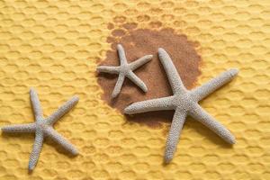 Three starfish and sand from a beach on a vibrant yellow background photo