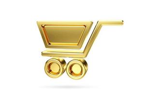 3d gold shopping cart icon isolated on white background. Webshop symbol. Basket sign. 3D rendering photo