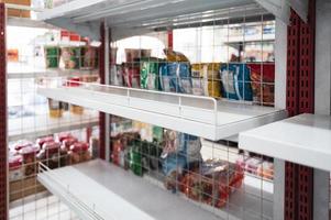 Lack of food product during an epidemic disease on market shelves in store photo