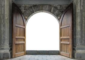 Large wooden door open in castle wall photo