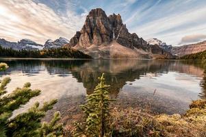 Rocky mountain with pine tree reflection on Cerulean lake in Assiniboine provincial park photo