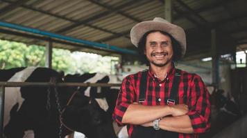 smiling and happy farmers at the dairy farm. Agriculture industry, farming and animal husbandry concept ,Cow on dairy farm eating hay. photo