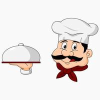 Editable Chef Character Holding Covered Tray in Cartoon Style for Restaurant and Food Related Design Project vector