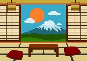 Editable Indoor Japanese Room with Outdoor View Vector Illustration for Tourism Travel and Historical or Cultural Education