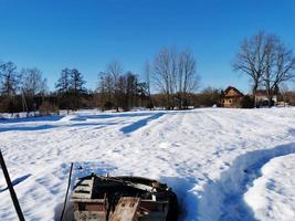 spring day in the Russian village snow well blue sky photo