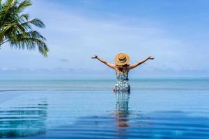Young woman traveler relaxing and enjoying by a tropical resort pool while traveling for summer vacation, Travel concept photo