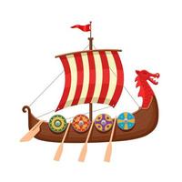 Traditional Viking boat with a striped sail. Vector illustration isolated on white background.