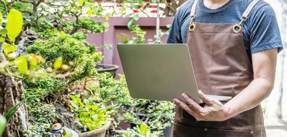 Man gardener working on laptop on some project surrounded by plants. use a laptop to monitor temperature control, and record leaf growth quality in the tree, Home gardening, freelance. photo