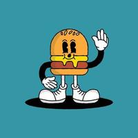 personaje de hamburguesa retro o mascota con estilo de dibujos animados frescos. logotipo de hamburguesa. icono del logotipo. vector